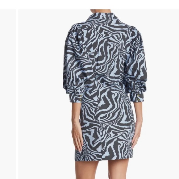 Ganni Blue Black Zebra Animal Print Puff Sleeve Mini Dress Size Small - Picture 5 of 11